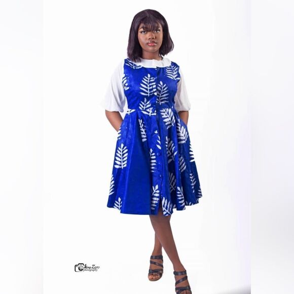 Gorgeous Declaj Clothing original hand sewn adire navy leaf tie dye midi dress. - Picture 1 of 8